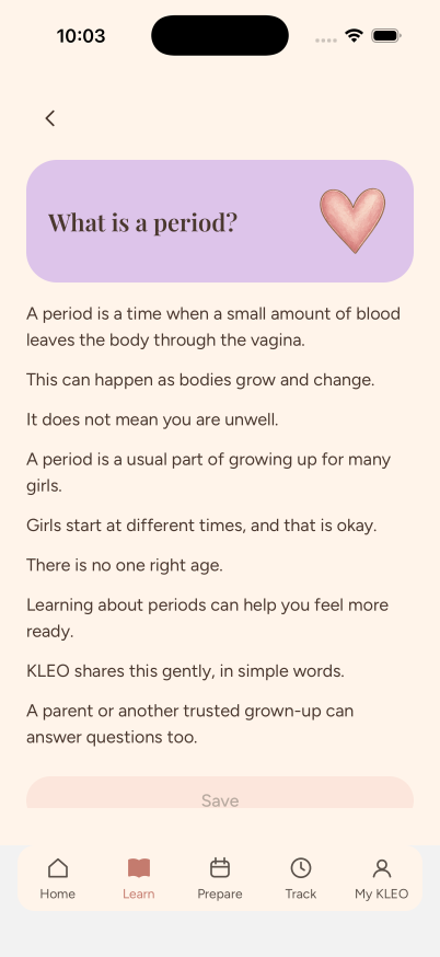 Lesson screen: 'What is a period?' explained in short, gentle sentences
