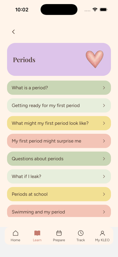Periods section: a list of short lessons, from 'What is a period?' to 'Swimming and my period'